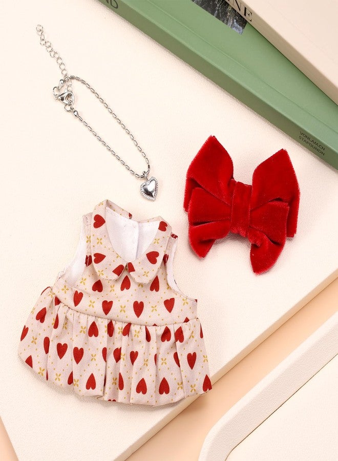 Sinbana 3pcs 17cm Doll Dress Set, Cute Style Sleeveless Dress with Red Velvet Rosette Clips and Silver Heart Shape Necklace Retro Style Outfits and Accessories for Collectors(No Doll Included) - Image 3